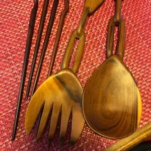 Beautiful Hand-carved Wooden Salad Servers with Zebra Handles, & Free Chopsticks